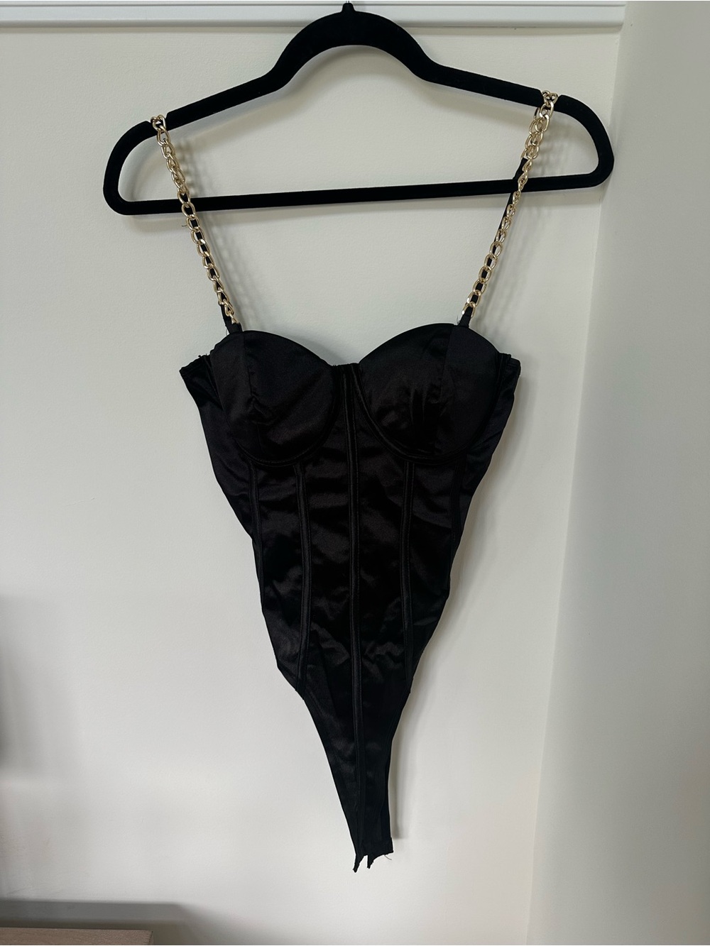 AKIRA Black Satin Corset Bodysuit with Gold Chain Straps